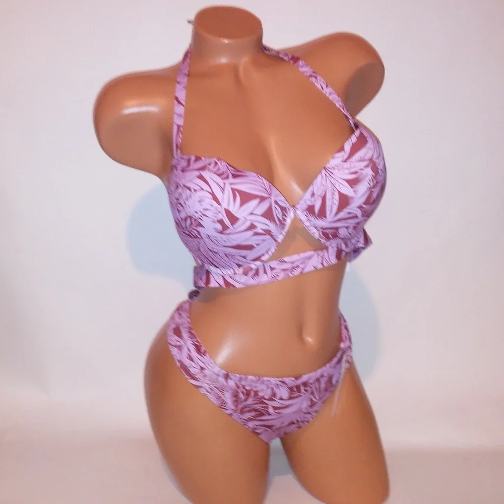Victoria Secret Swim Bikini 38C Top XL Bottom Purple Ginger Push Up Floral New